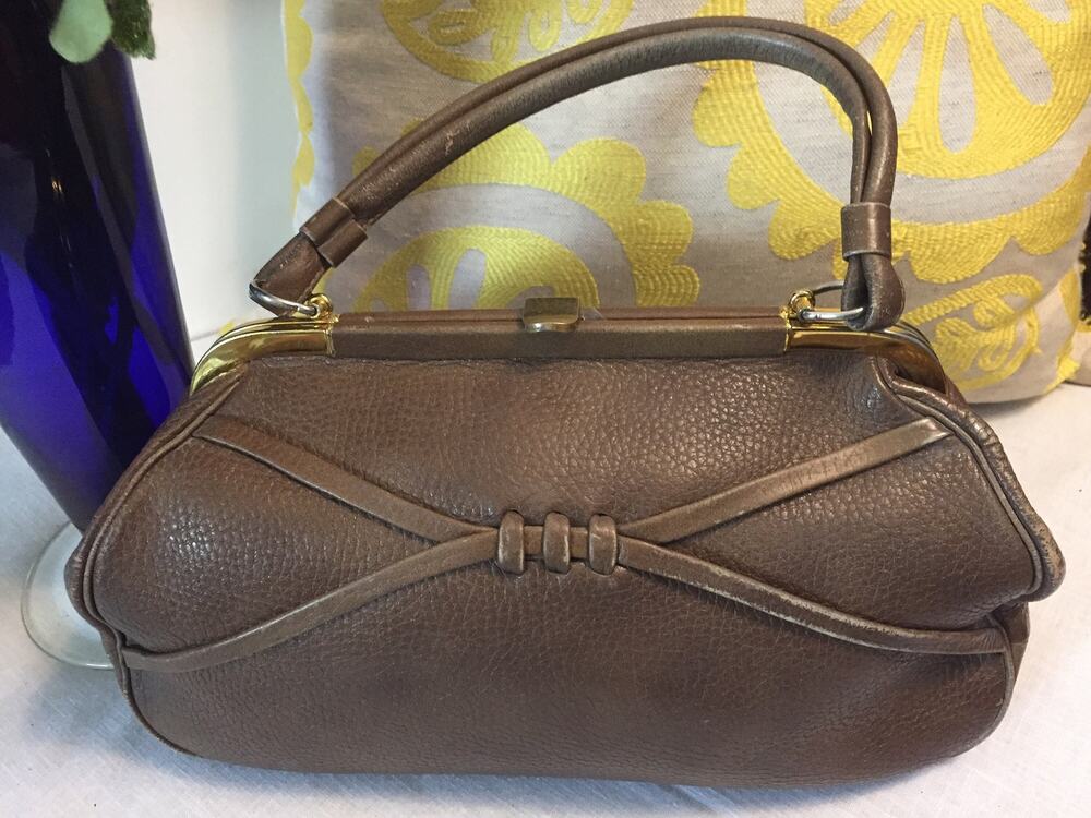 Vtg "Mari-Jane Justin" Top Grain Cowhide Hand bag Taupe Top handle midcentury